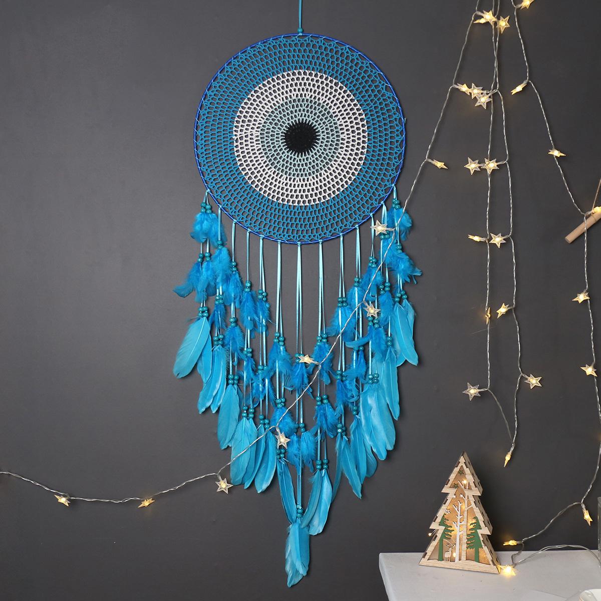 Concentric Circles Macrame Dream Catcher 40CM Iron Ring Blue Feather Hanging Wedding Decor Home Decoration for Wall Hanging