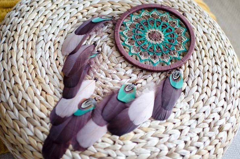 Handmade Brown With Emerald Green Dream Catcher Boho Decor Baby Boy Nursery Wall Decor Bohemian Bedroom Natural Earthy