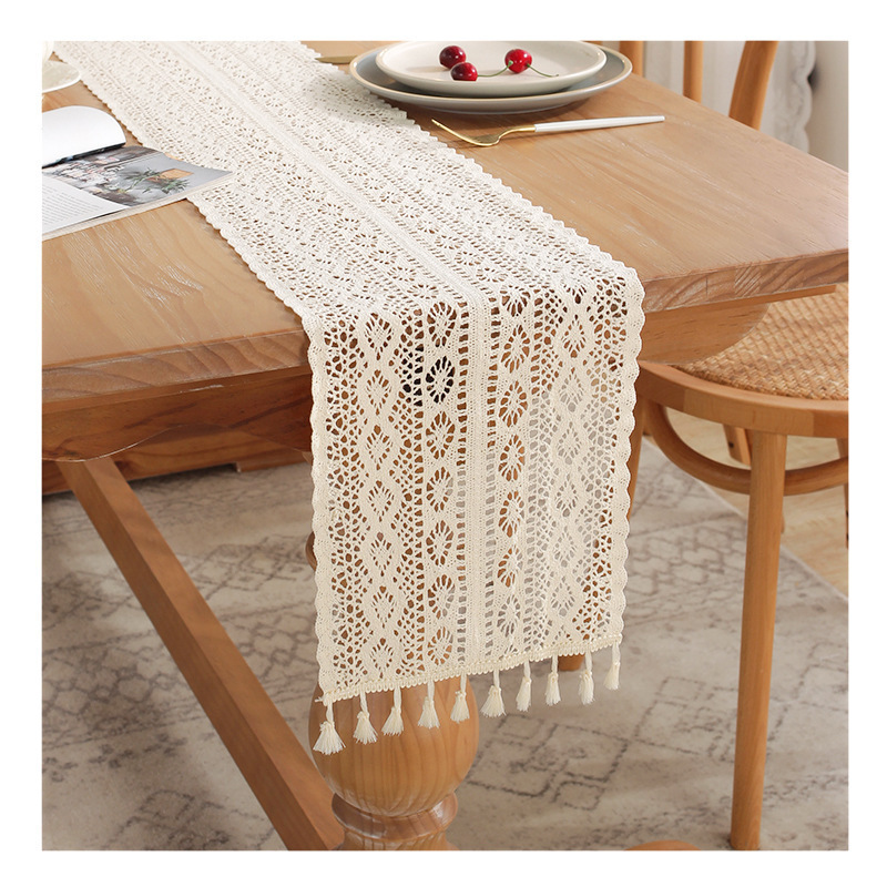 Wholesale Rustic Style Handmade Crochet Table Flag Macrame Cotton Linen Artistic Table Cloth Towel