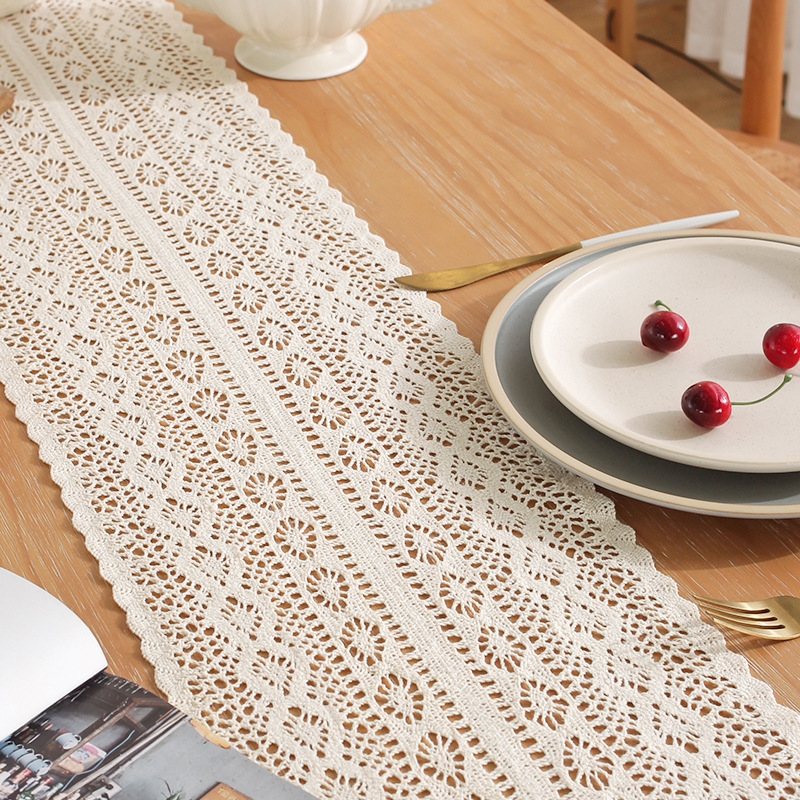 Wholesale Rustic Style Handmade Crochet Table Flag Macrame Cotton Linen Artistic Table Cloth Towel