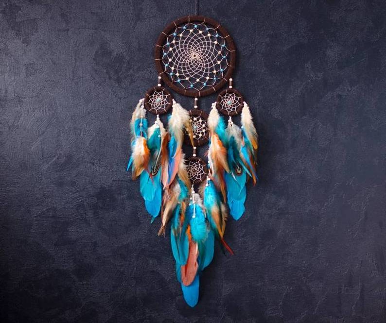 Handmade Large Feather Dream Catcher With 5 Rings. Blue Brown Dream Catcher Wall Hanging Bedroom Decor