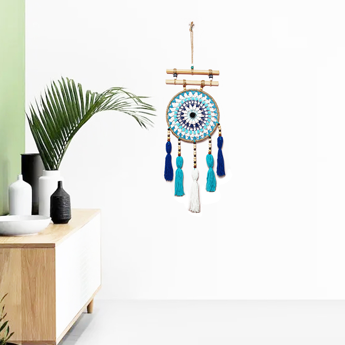 RTS Macrame Home Decoration Wall Art Two Stick Evil Eye Dream Catcher with Wool Tassel Home Ornaments Craft Gift for Bedroom