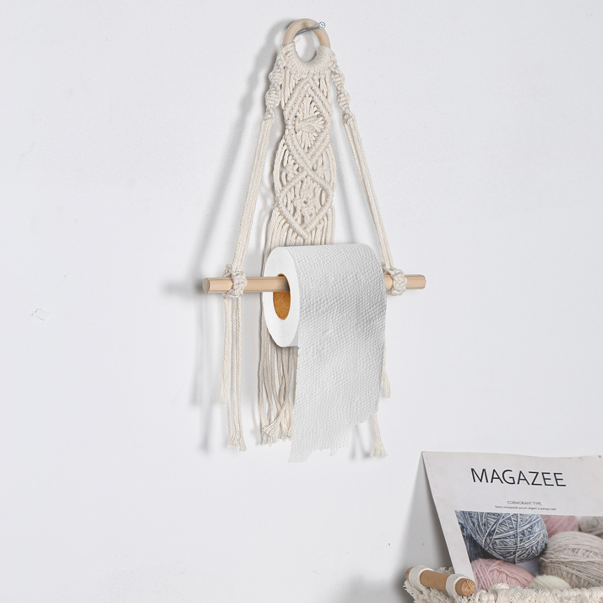 Bohemian Style Handmade Woven Cotton Rope Paper Towel Rack Roll Paper Rack Woven Towel Rack Bathroom for Wall Hanging