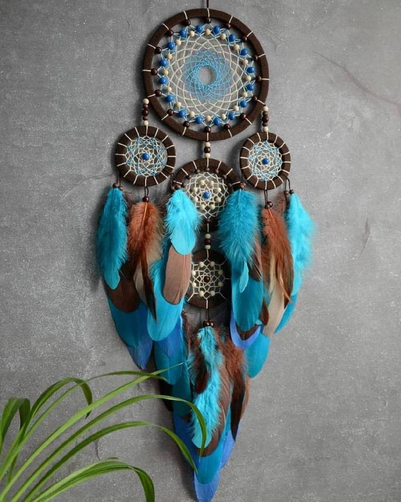 Handmade Large Feather Dream Catcher With 5 Rings. Blue Brown Dream Catcher Wall Hanging Bedroom Decor