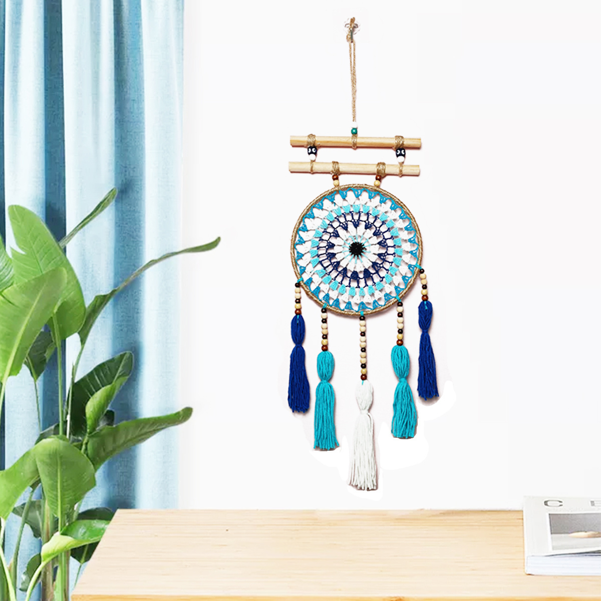 RTS Macrame Home Decoration Wall Art Two Stick Evil Eye Dream Catcher with Wool Tassel Home Ornaments Craft Gift for Bedroom