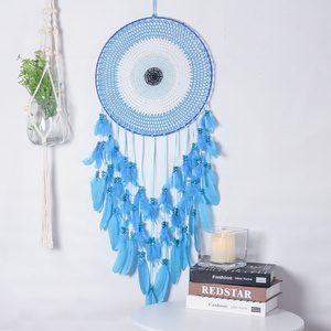 Concentric Circles Macrame Dream Catcher 40CM Iron Ring Blue Feather Hanging Wedding Decor Home Decoration for Wall Hanging