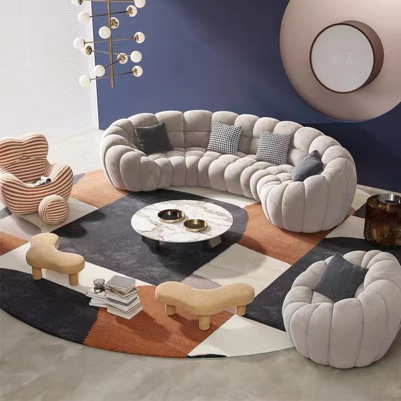 High quality hotel lobby velvet Modern arc sofa  Living room Pumpkin shaped sofa Lamb cashmere fabric 3 seats sofa