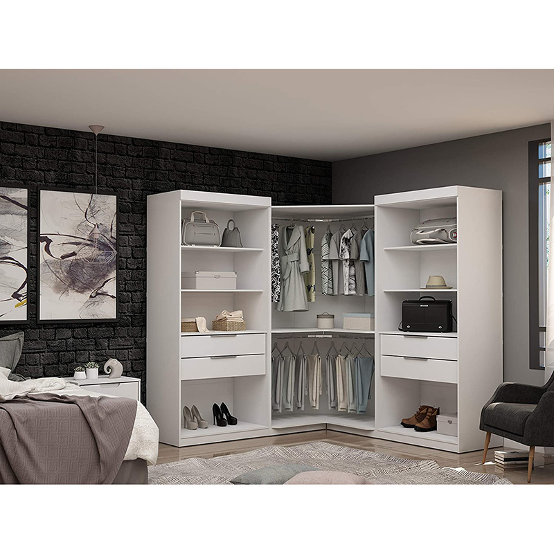 Modern Open Solid Wood And Metal Three Sectional Wardrobe Corner Closet With Four Drawers