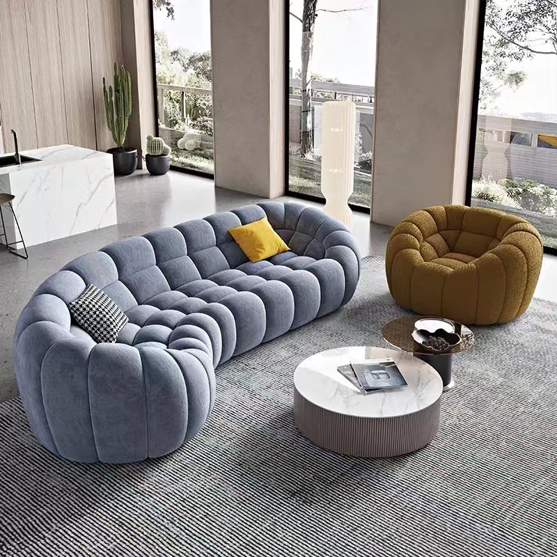 High quality hotel lobby velvet Modern arc sofa  Living room Pumpkin shaped sofa Lamb cashmere fabric 3 seats sofa