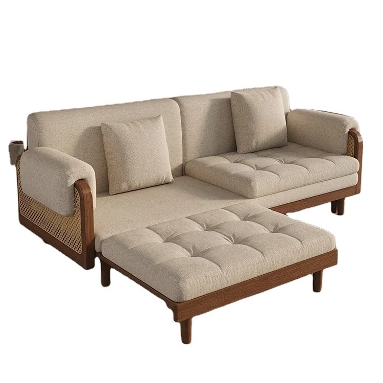 Real rattan solid wood walnut color living room leisure sofa villa sofa modern ash wood fabric upholstery rattan lobby sofa