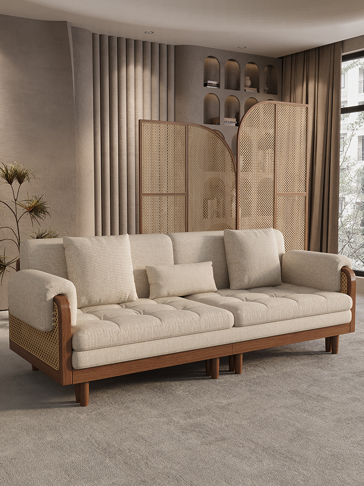 Real rattan solid wood walnut color living room leisure sofa villa sofa modern ash wood fabric upholstery rattan lobby sofa