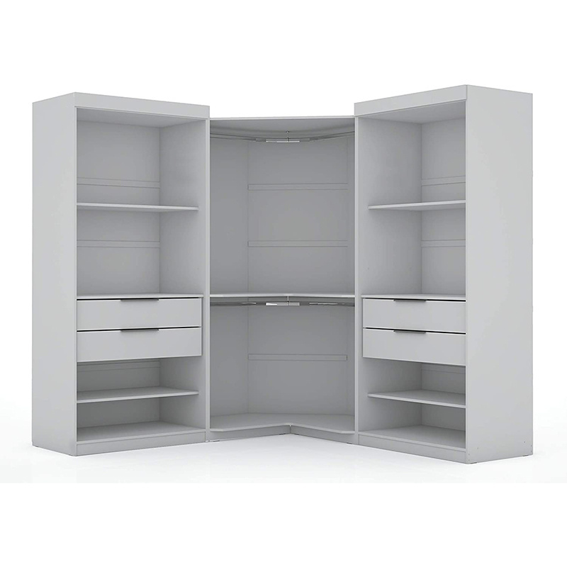 Modern Open Solid Wood And Metal Three Sectional Wardrobe Corner Closet With Four Drawers