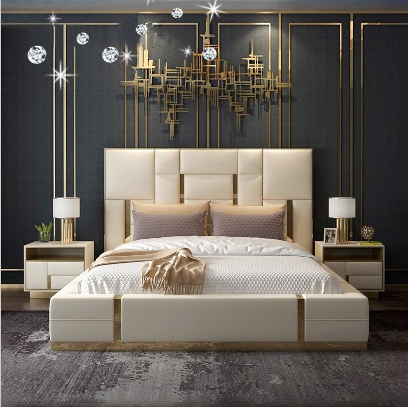 Customized modern Chinese style solid wood storage genuine leather king size bed