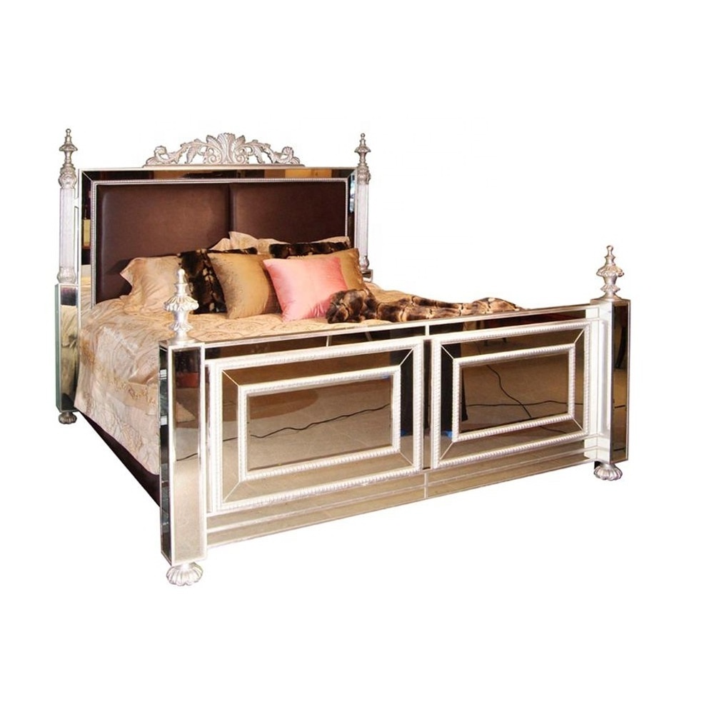 Luxury Design High Quality Royal Home Bedroom Furniture Silver Leaf King Size Mirror Bed