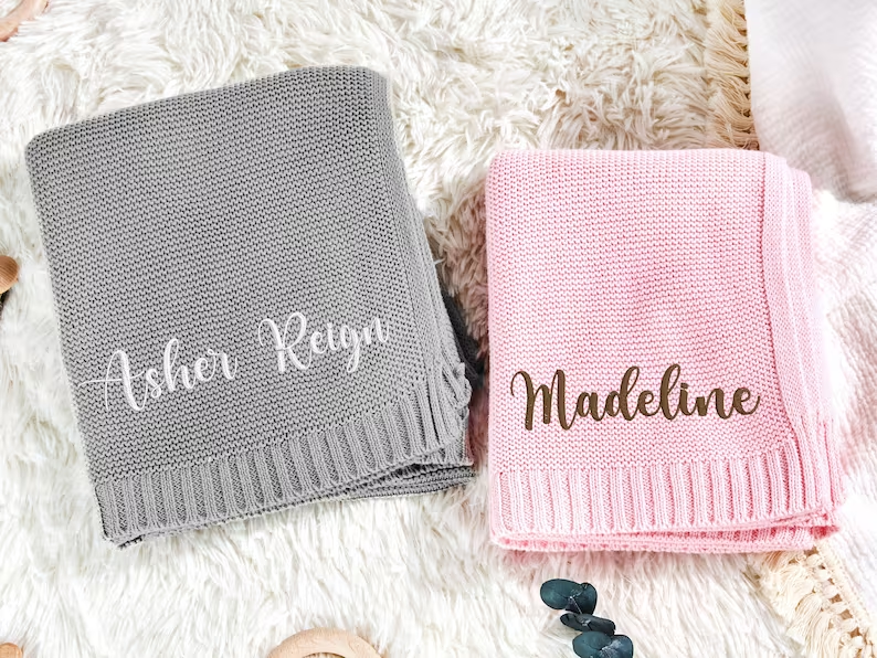 Personalized Embroidery Nursery & Stroller Knitted Blanket Shower Gift Custom Soft Cotton Knit Baby Blanket with Name