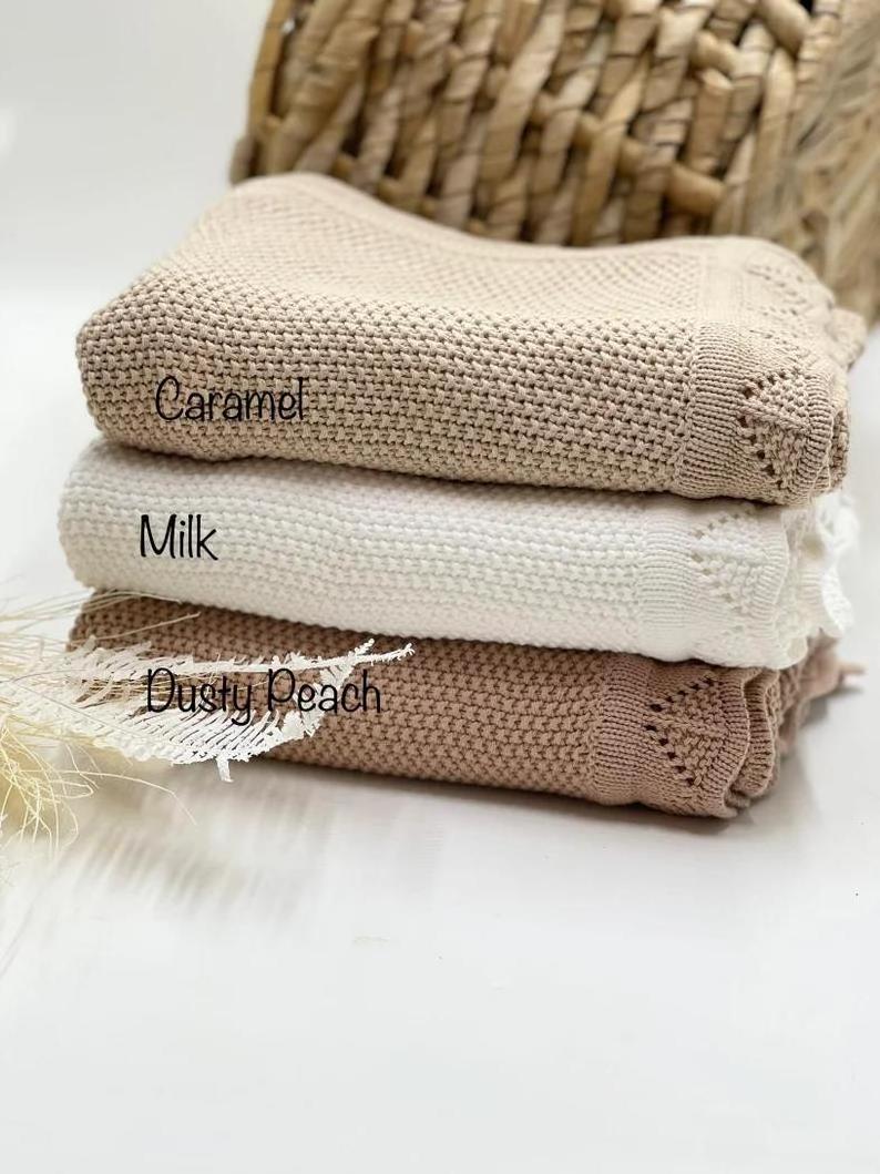 Custom personalized embroidery name soft cotton lace edge newborn crochet knit cashmere baby throw blanket