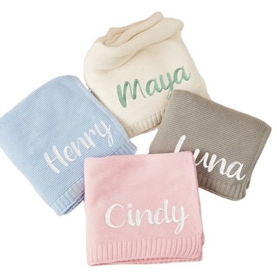 Personalized Embroidery Nursery & Stroller Knitted Blanket Shower Gift Custom Soft Cotton Knit Baby Blanket with Name