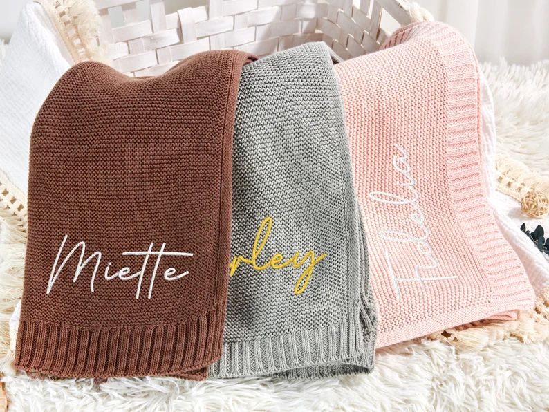 Personalized Embroidery Nursery & Stroller Knitted Blanket Shower Gift Custom Soft Cotton Knit Baby Blanket with Name