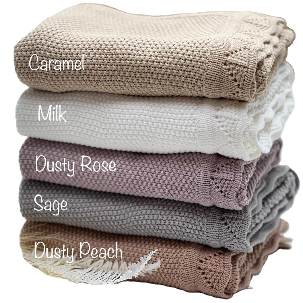 Custom personalized embroidery name soft cotton lace edge newborn crochet knit cashmere baby throw blanket