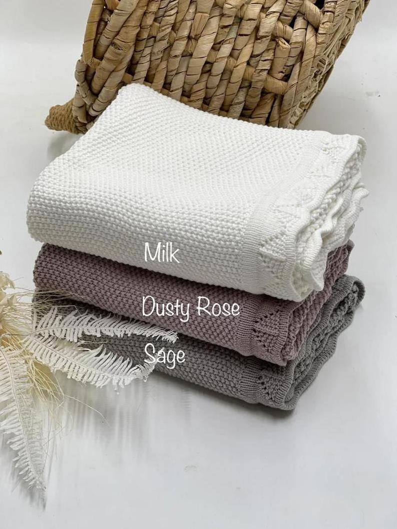 Custom personalized embroidery name soft cotton lace edge newborn crochet knit cashmere baby throw blanket