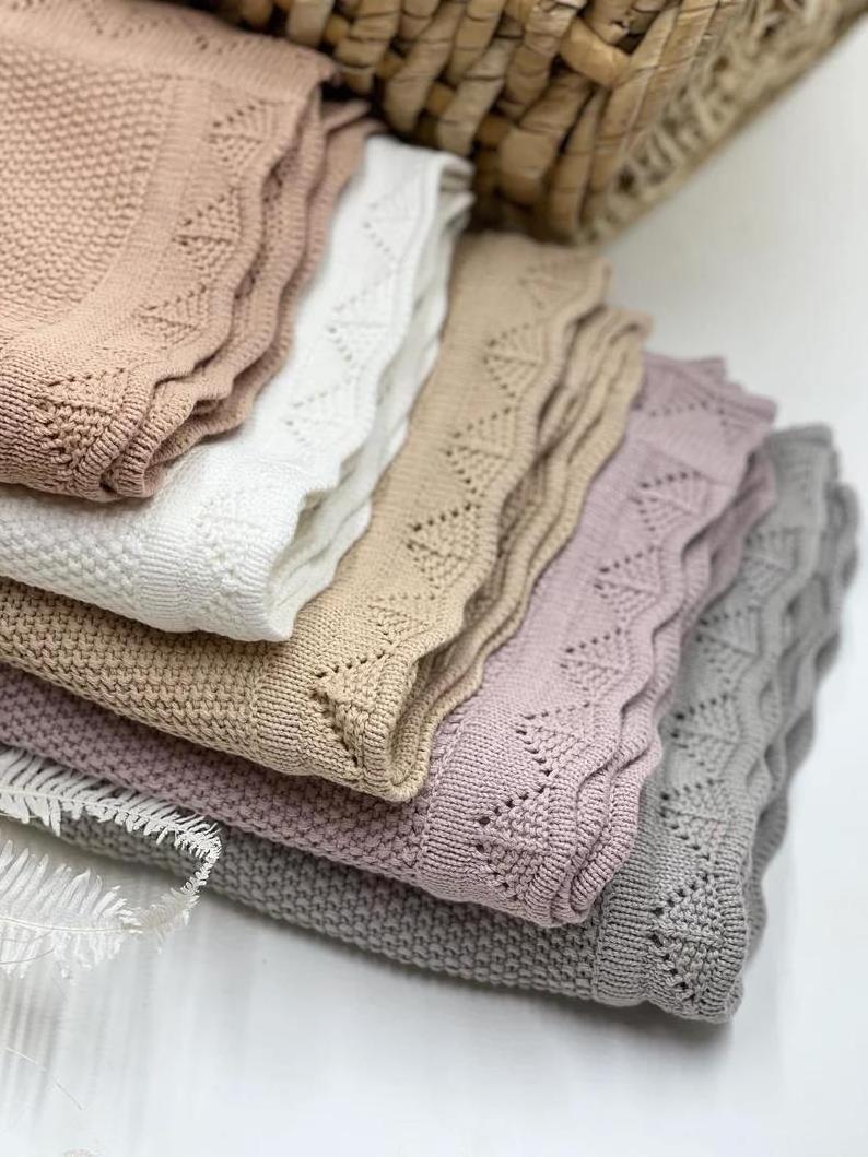 Custom personalized embroidery name soft cotton lace edge newborn crochet knit cashmere baby throw blanket