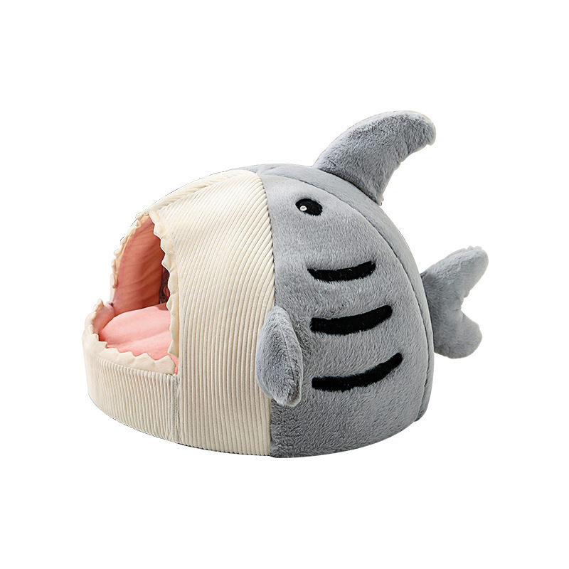 Dog Bed & Cat Bed Cartoon Shark Shape Cat Nest Big Mouth Thick Cute Animal Warm Rest and Sleep Semi-Closed Pet Mini House