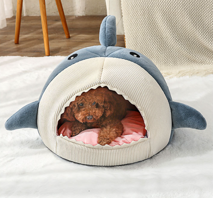 Dog Bed & Cat Bed Cartoon Shark Shape Cat Nest Big Mouth Thick Cute Animal Warm Rest and Sleep Semi-Closed Pet Mini House