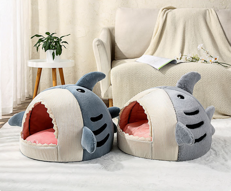 Dog Bed & Cat Bed Cartoon Shark Shape Cat Nest Big Mouth Thick Cute Animal Warm Rest and Sleep Semi-Closed Pet Mini House