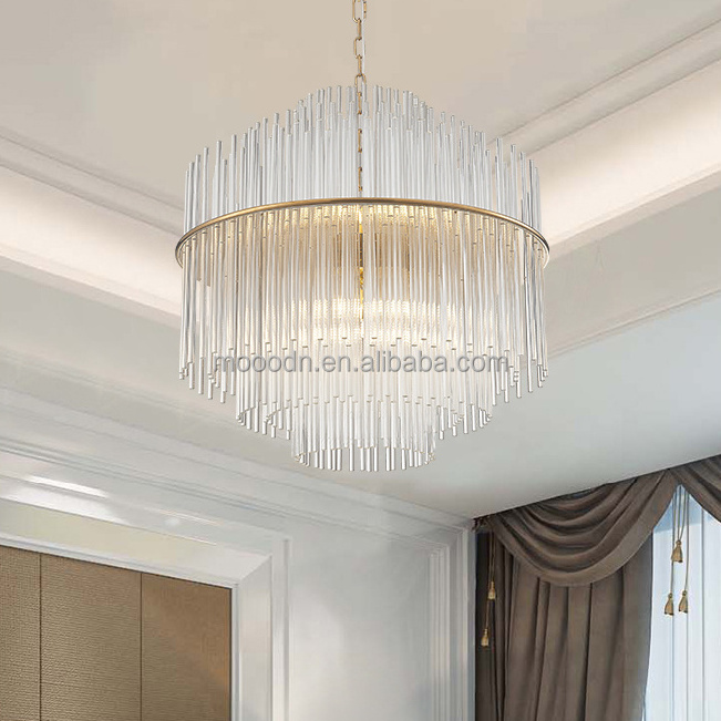 Modern indoor decorative round and large hand blown Clear Crystal Glass Rod Chandelier