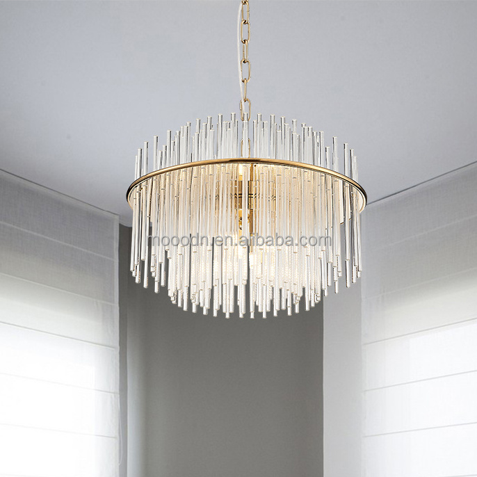 Modern indoor decorative round and large hand blown Clear Crystal Glass Rod Chandelier