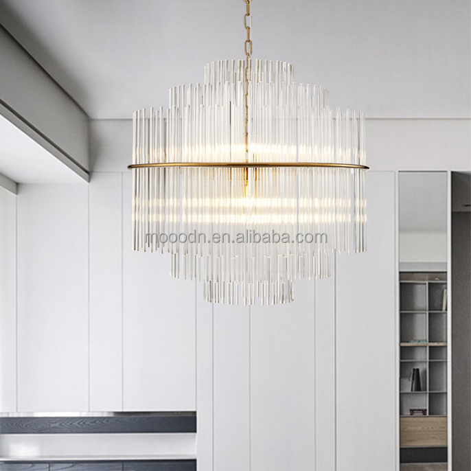 Modern indoor decorative round and large hand blown Clear Crystal Glass Rod Chandelier