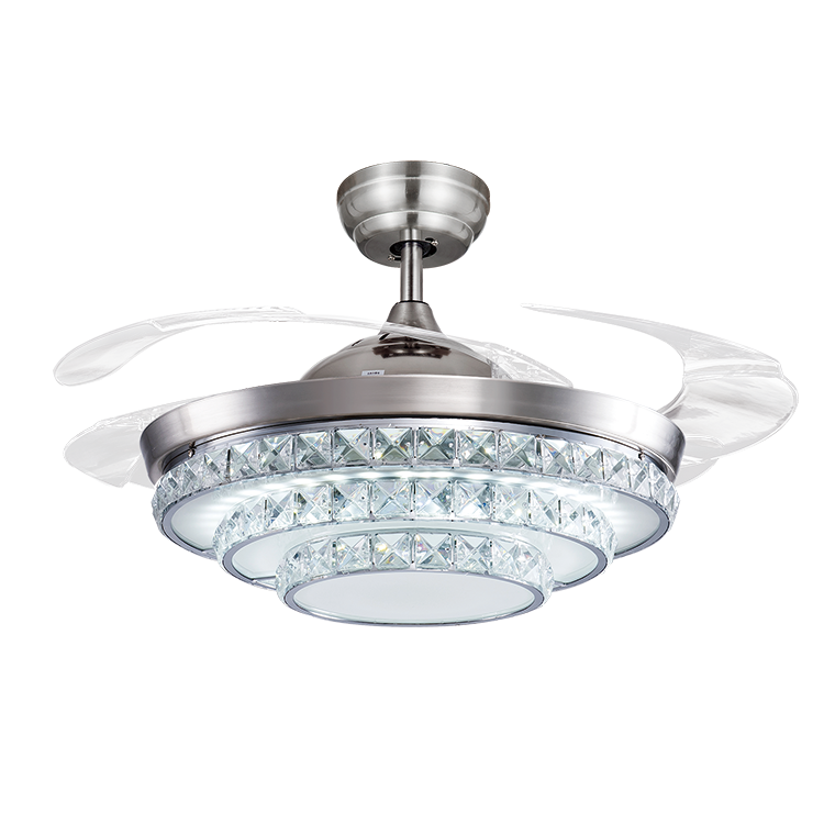 Manufacturer Supply High Quality 36 Inch Nickle Plated Invisible Blades Crystal Ceiling Fan Light Kit