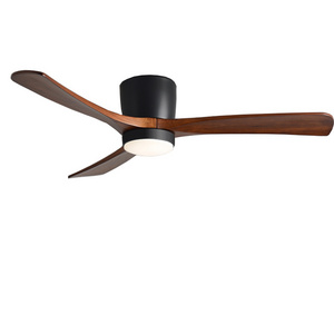 Wholesale low profile flush mounted 48" 52" 56 inch solid wood blades remote control decorative lighting LED ceiling fan