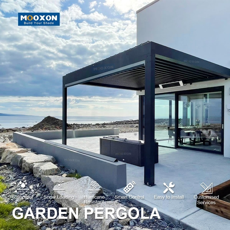 Mooxon 6x4 Luxury Waterproof Motorized Outdoor Pergolas Kits Terrace Restaurant Gazebo Aluminum Pergola Roof With Side Blinds