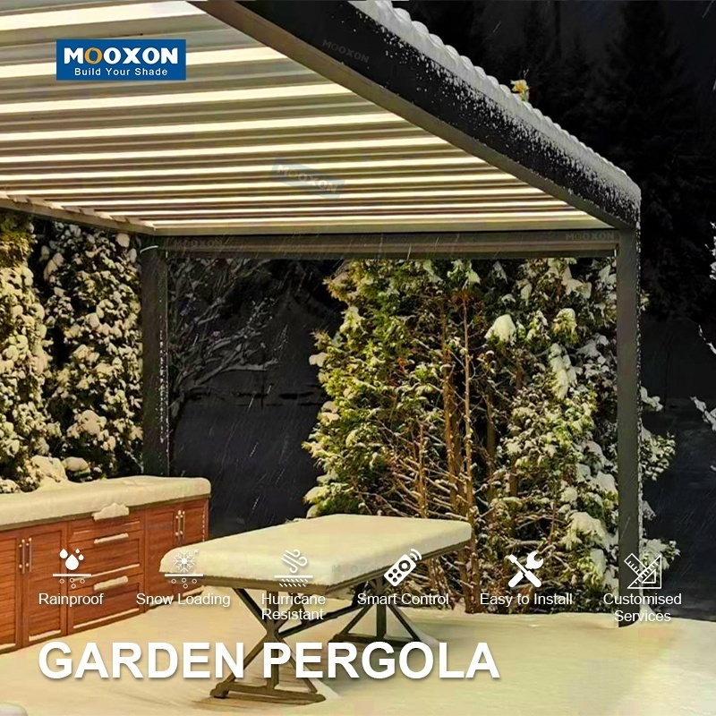 Mooxon 6x4 Luxury Waterproof Motorized Outdoor Pergolas Kits Terrace Restaurant Gazebo Aluminum Pergola Roof With Side Blinds