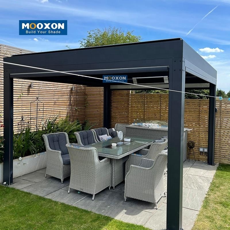 Mooxon 6x4 Luxury Waterproof Motorized Outdoor Pergolas Kits Terrace Restaurant Gazebo Aluminum Pergola Roof With Side Blinds