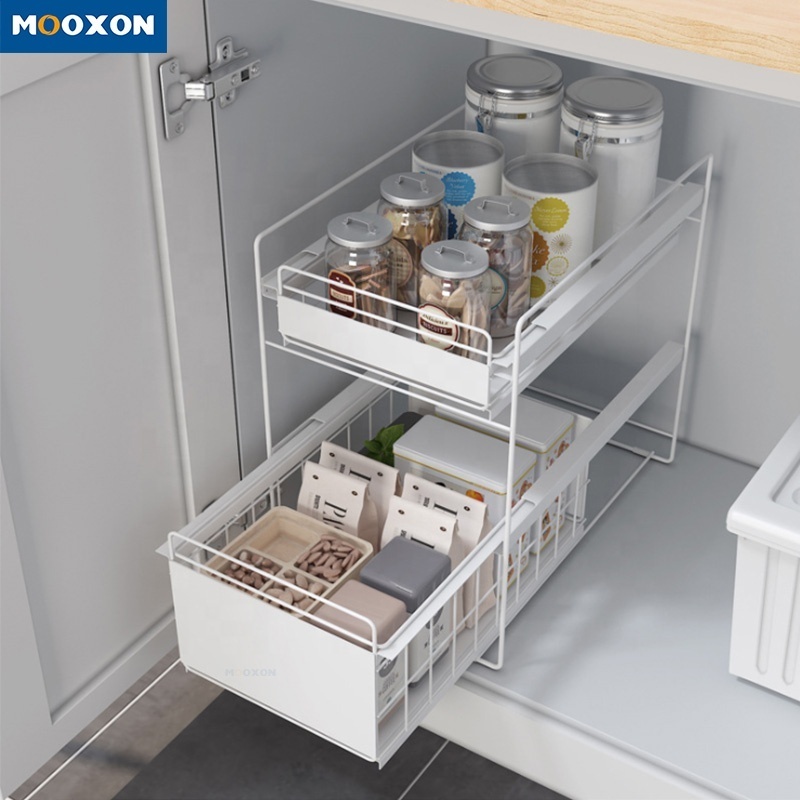 Mooxon OEM 2 Tier Kitchen Expandable Shower Shelf Caddy Storage Slid Basket Plastic Bathroom Cabinet Rack Under Sink Organizer