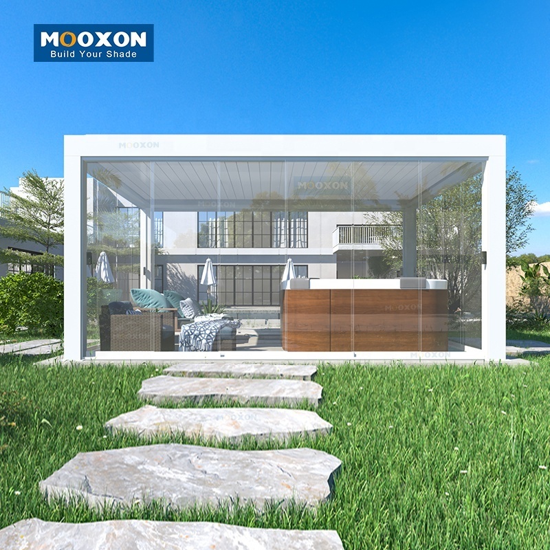 Mooxon Waterproof Automatic Shades Electric Outdoor Hotel Louver Gazebo Aluminium Retractable Roof Awning 3X3 Pergola