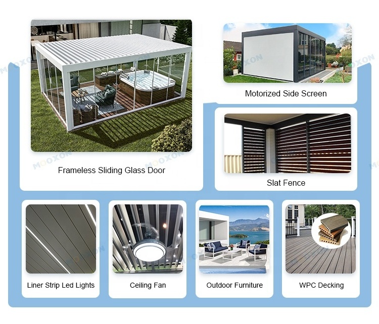 Mooxon Waterproof Automatic Shades Electric Outdoor Hotel Louver Gazebo Aluminium Retractable Roof Awning 3X3 Pergola