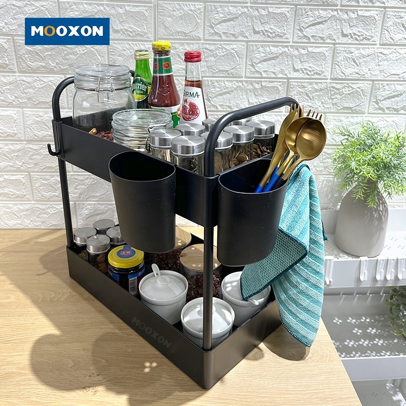 Mooxon OEM 2 Tier Kitchen Expandable Shower Shelf Caddy Storage Slid Basket Plastic Bathroom Cabinet Rack Under Sink Organizer