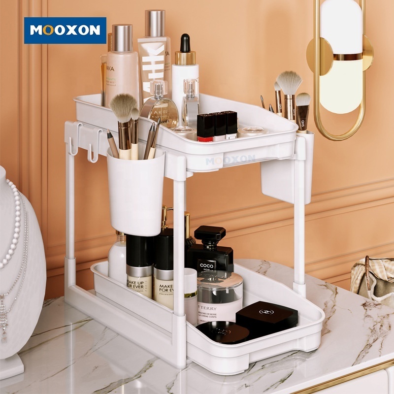 Mooxon OEM 2 Tier Kitchen Expandable Shower Shelf Caddy Storage Slid Basket Plastic Bathroom Cabinet Rack Under Sink Organizer