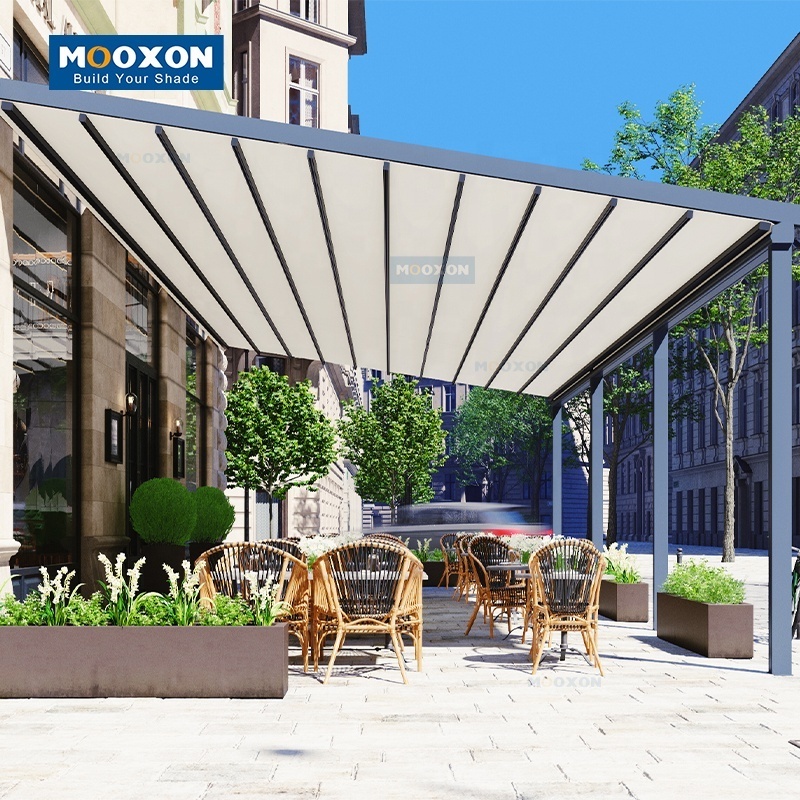 Mooxon Wholesale Roller Pergola Cover Roof Electric Cassette Aluminum Shutter Gazebo Ajustable PVC Outdoor Retractable Awning