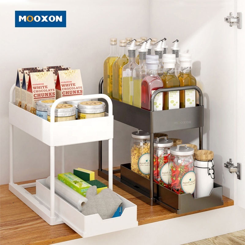 Mooxon OEM 2 Tier Kitchen Expandable Shower Shelf Caddy Storage Slid Basket Plastic Bathroom Cabinet Rack Under Sink Organizer