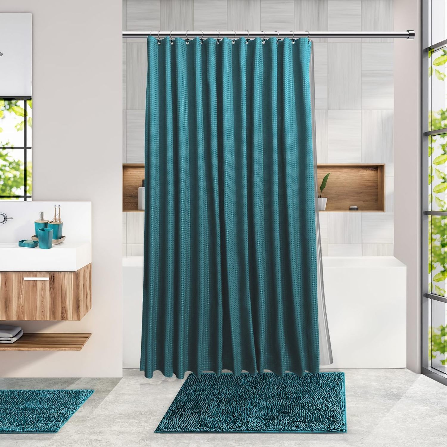 Luxury Hotel Wave Waffle Fabric Shower Curtains with Bathroom Mat sets Nordic Bathroom Accessories Bathroom Shower Curtain