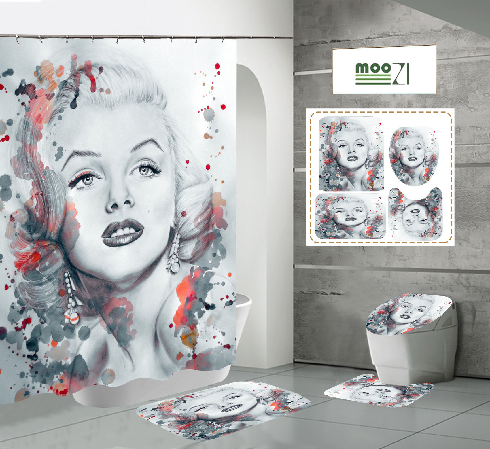 Marilyn Monroe Print Polyester Fabric Shower Curtain for Bathroom Waterproof Bathroom Shower Curtain and Rugs Set