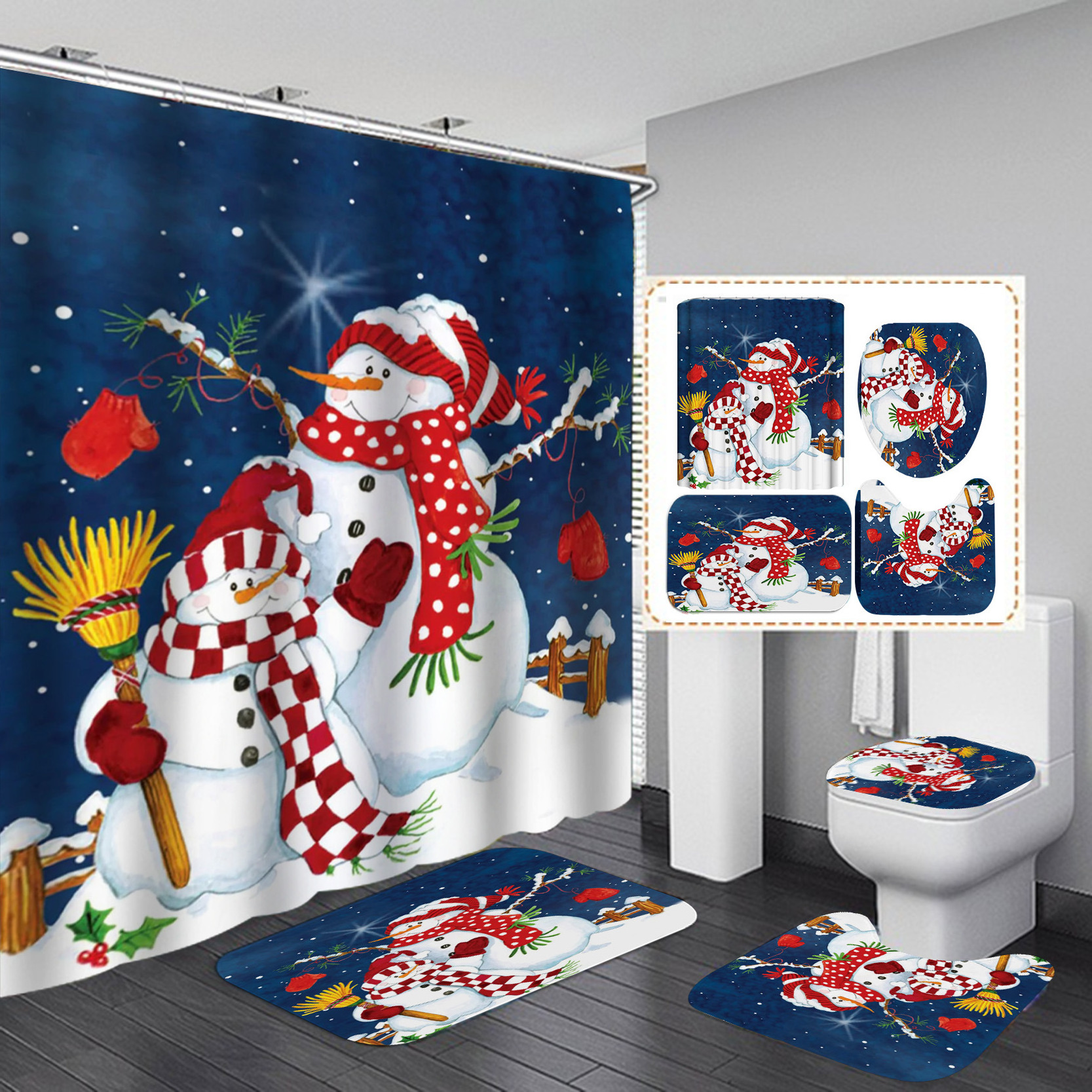 Waterproof Printing Polyester Christmas Snowman Bathroom Shower Curtain Set Gift with Bath Mat Toilet Lid Cover Bathroom Rug