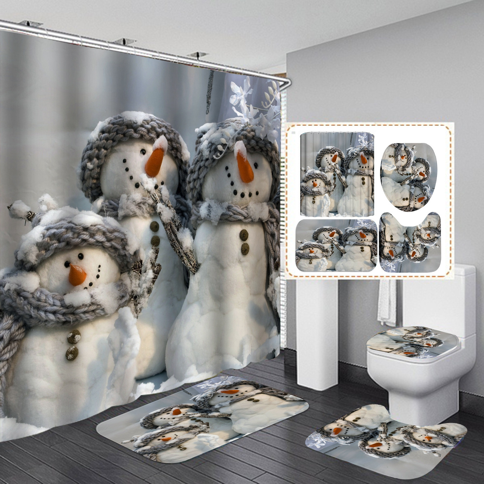 Waterproof Printing Polyester Christmas Snowman Bathroom Shower Curtain Set Gift with Bath Mat Toilet Lid Cover Bathroom Rug