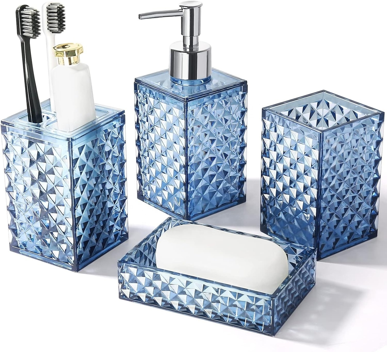 Stylish Acrylic Glass Blue Bathroom Accessories Set with 4 pc fiberglass Crystal Bathroom Accessories