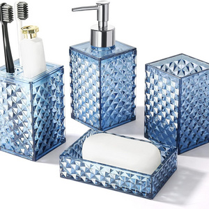 Stylish Acrylic Glass Blue Bathroom Accessories Set with 4 pc fiberglass Crystal Bathroom Accessories