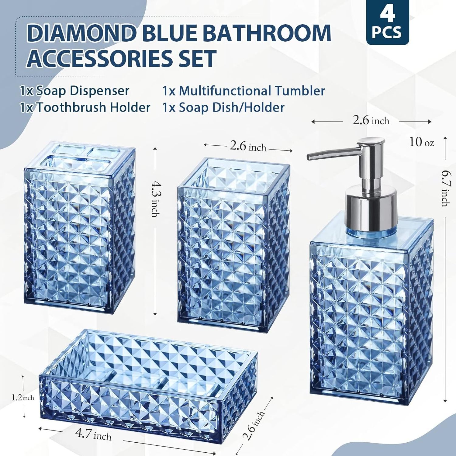 Stylish Acrylic Glass Blue Bathroom Accessories Set with 4 pc fiberglass Crystal Bathroom Accessories